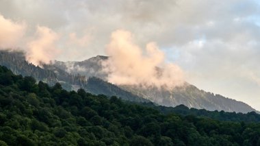 Yeşil dağ yamacı teleferik ve bulutlu yaz gün batımında kayak pisti ile.
