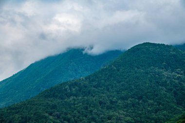 Ormanlı yamaçlarda ve bulutlarda gizlenmiş doruklara sahip yüksek dağlar.