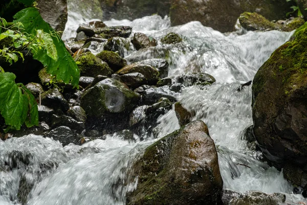 Un poderoso arroyo de montaña desciende de las rocas y piedras . — Foto de Stock