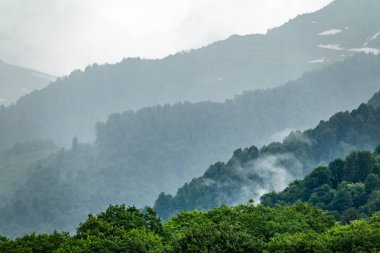 Ormanlı yamaçlarda ve bulutlarda gizlenmiş doruklara sahip yüksek dağlar.