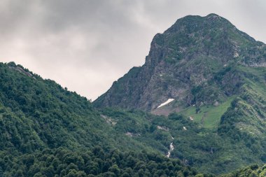 Yeşil yamaçlarda ve bulutlu yaz gününde yüksek dağların kayalık doruklarına
