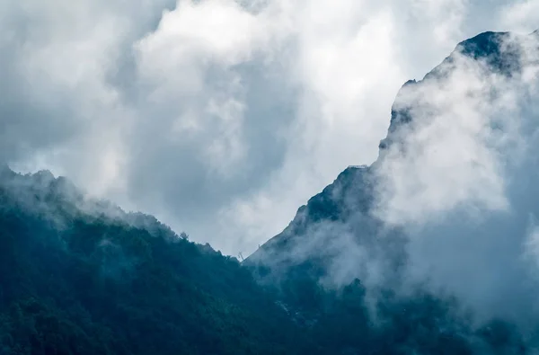 Altas montanhas com encostas florestadas e picos escondidos nas nuvens . — Fotografia de Stock