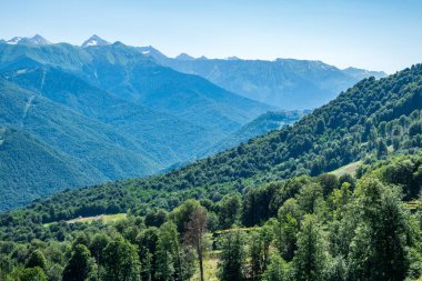 Açık bir yaz gününde yüksek dağlarla çevrili Yeşil Vadi'nin manzarası