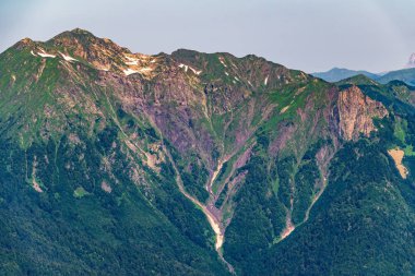 Yeşil yamaçlara ve karlı doruklara sahip yüksek dağlar.