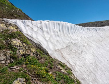 Açık mavi gökyüzüne karşı yamaçlarda kayalar ve kar ile dağ sırası.