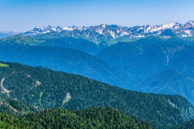 Yüksek dağlarla çevrili yeşil dağ vadisine yükseklikten görünümü. Ufukta karla kaplı dağ zirveleri. Krasnaya Polyana, Soçi, Kafkasya, Rusya Federasyonu.