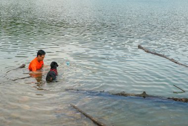 İnsan ve köpek gölde eğleniyor