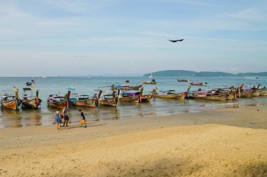 Aonang Beach, Krabi, Tayland, 1 Ocak 2019: uzun kuyruk ile sabah sahne güzel Aonang beach adlı tekne.