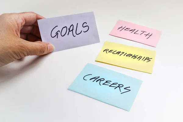 Goals Written Paper Careers Health Relationships Colored Papers — Stock Photo, Image