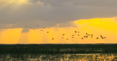 Bir göl güneş yükselir gibi Bulutların arasından güneş ışığı deler