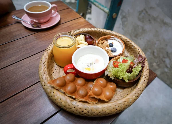 Big breakfast on a wooden table — Stock Photo, Image