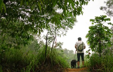 Bir tepenin üstündeki adam ve köpek ayakta