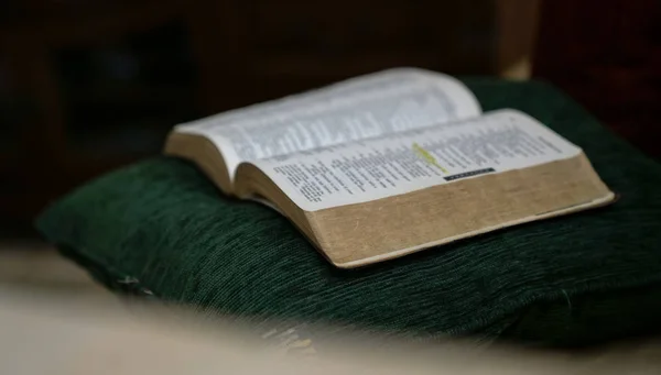 Open bijbel op groen kussen met donkere achtergrond — Stockfoto