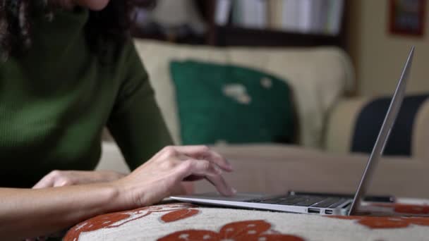 Donna Affari Digitando Sulla Tastiera Del Computer Portatile Sopra Divano — Video Stock