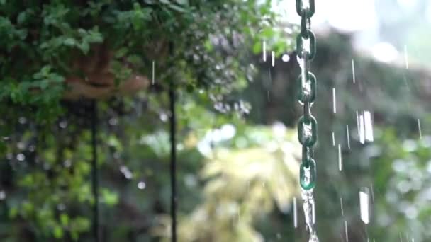 Pioggia Vento Vista Sul Giardino Con Pentola Piante Catena Metallica — Video Stock