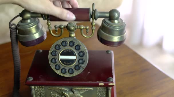 Woman Dialing Antique Vintage Phone Put Back Receiver — Stock Video