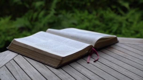 Sainte Bible Ouverte Sur Table Jardin Pages Retournant Raison Vent — Video