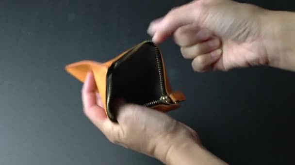 Woman Emptying Her Purse Only Has Few Coins Left Poverty — Stock Video