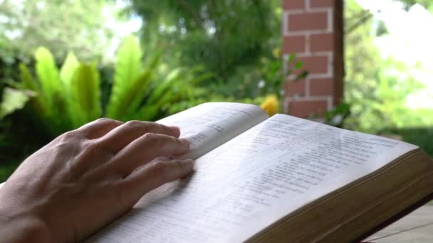 Γυναίκα Διαβάζει Βίβλο Της Στο Τραπέζι Δάχτυλα Πηγαίνει Γραμμή Προς — Αρχείο Βίντεο