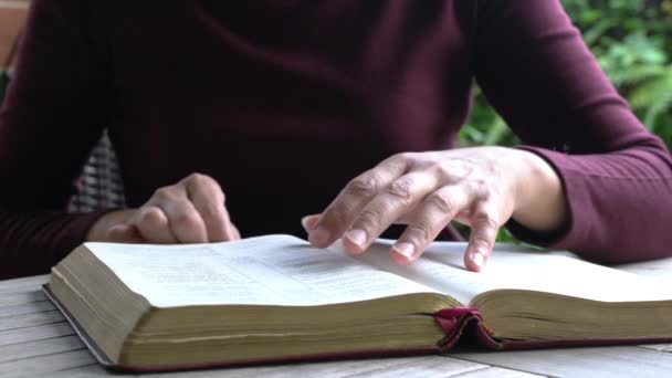 Женщина Читающая Библию Столе Пальцы Идут Строчкой Строкой Текста — стоковое видео