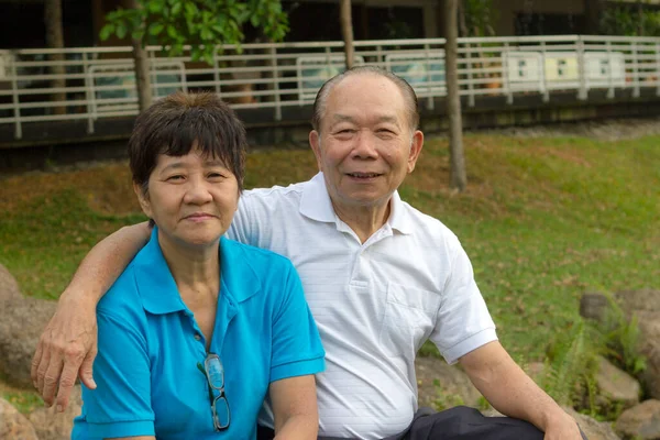 Happy Senior Adult Chinese Couple Portrait Park — Stock Photo, Image