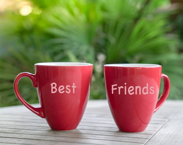 Dos Tazas Rojas Con Palabras Best Friends Mensaje Del Día —  Fotos de Stock