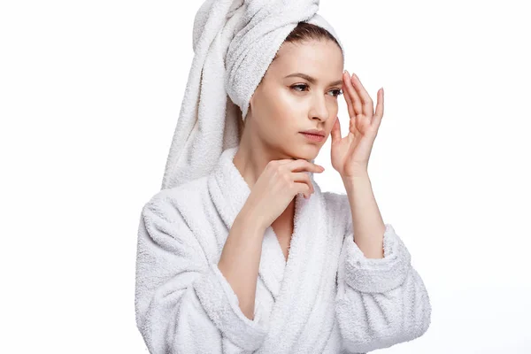 Young Woman Bathrobe Towel Her Head Spa Care Portrait Clean — Stock Photo, Image