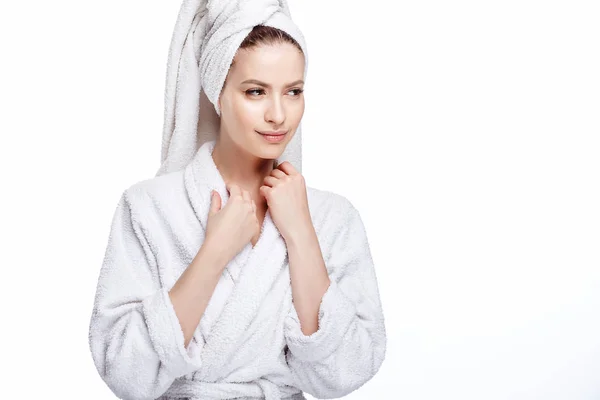 Young Woman Bathrobe Towel Her Head Spa Care Portrait Clean — Stock Photo, Image