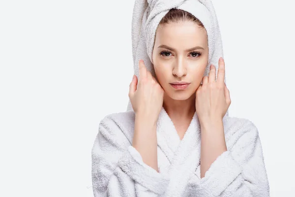 Young Woman Bathrobe Towel Her Head Spa Care Portrait Clean — Stock Photo, Image
