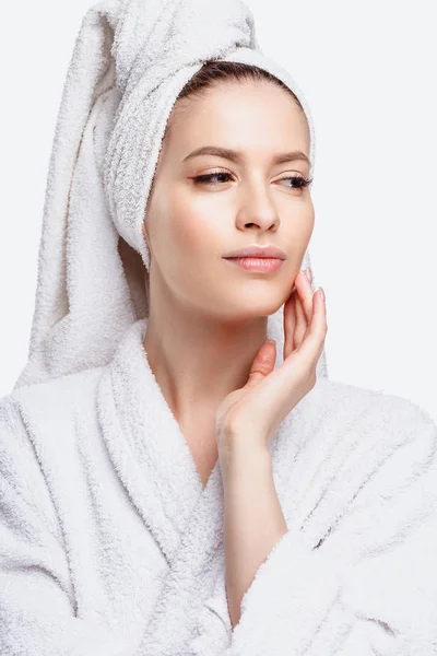 Young Woman Bathrobe Towel Her Head Spa Care Portrait Clean — Stock Photo, Image