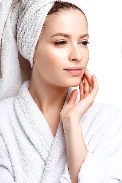 Young Woman Bathrobe Towel Her Head Spa Care Portrait Clean — Stock Photo, Image
