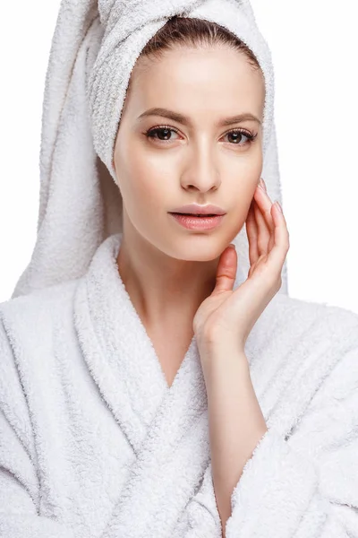 Young Woman Bathrobe Towel Her Head Spa Care Portrait Clean — Stock Photo, Image