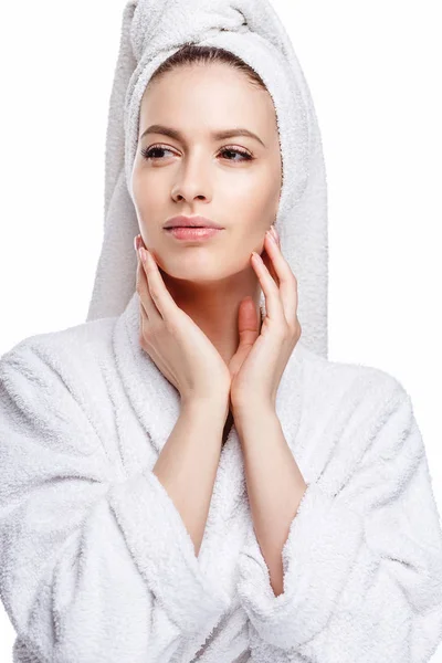 Young Woman Bathrobe Towel Her Head Spa Care Portrait Clean — Stock Photo, Image