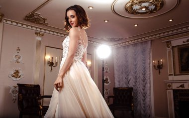 Şehvetli esmer gelin lüks gelinlik üzerinde klasik iç, moda güzellik portresi