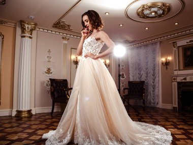 Şehvetli esmer gelin lüks gelinlik üzerinde klasik iç, moda güzellik portresi