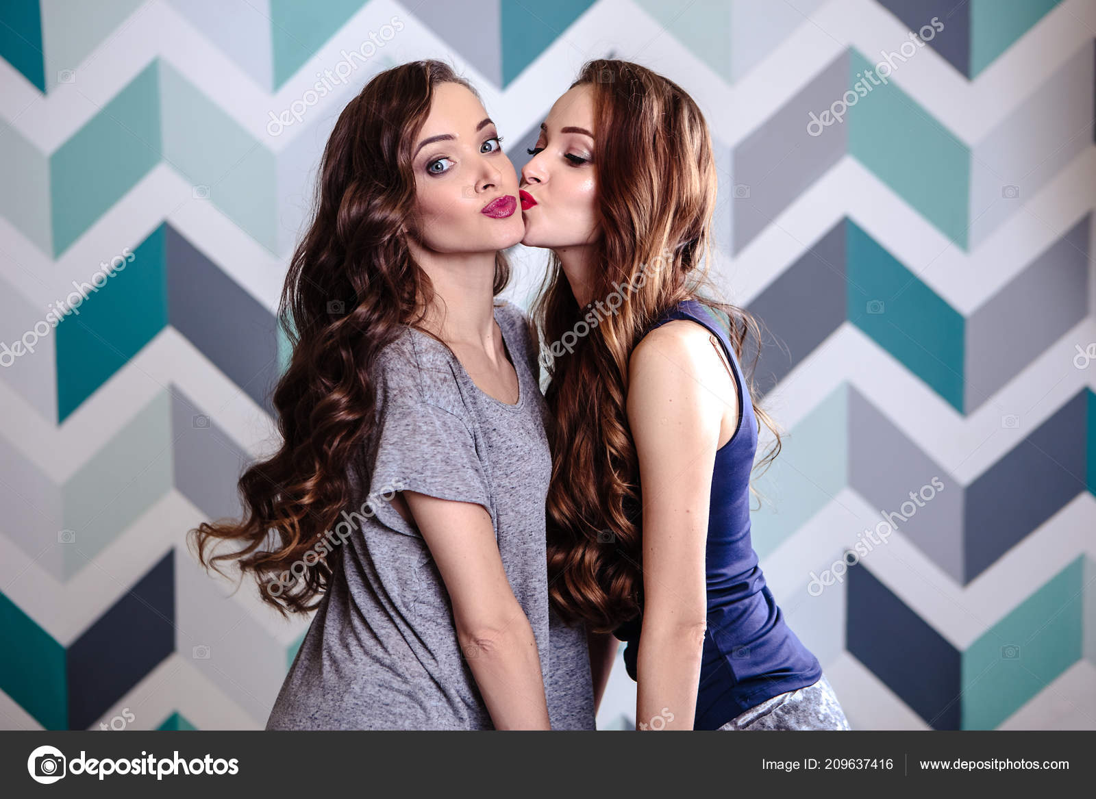 Beautiful Young Brunette Twins Women Long Curly Hair Evening