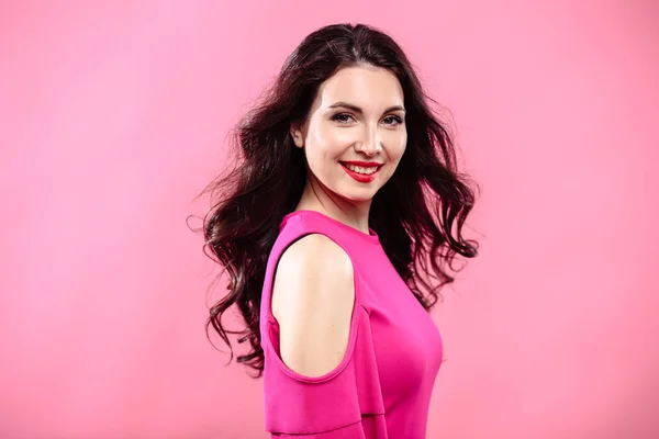Beauty Portrait Young Brunette Woman Bright Pink Background Model Make — Stock Photo, Image