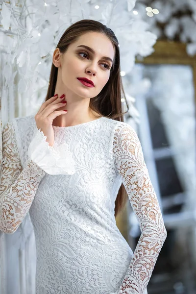 Fashion Portrait Beautiful Young Woman Gorgeous Wedding Dress Posing Fantasy — Stock Photo, Image