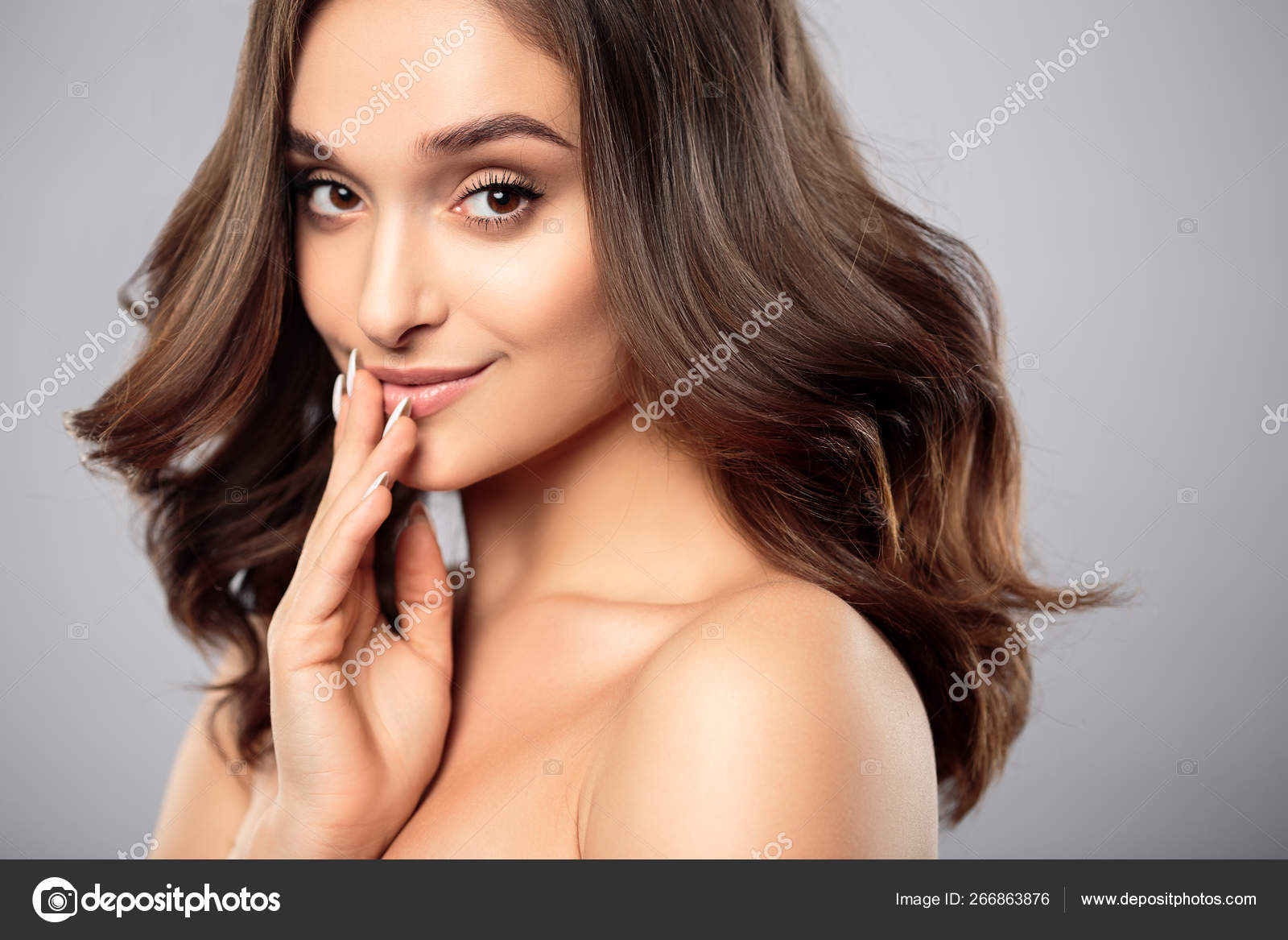 Brunette Girl Healthy Curly Hair Natural Make Beautiful Model