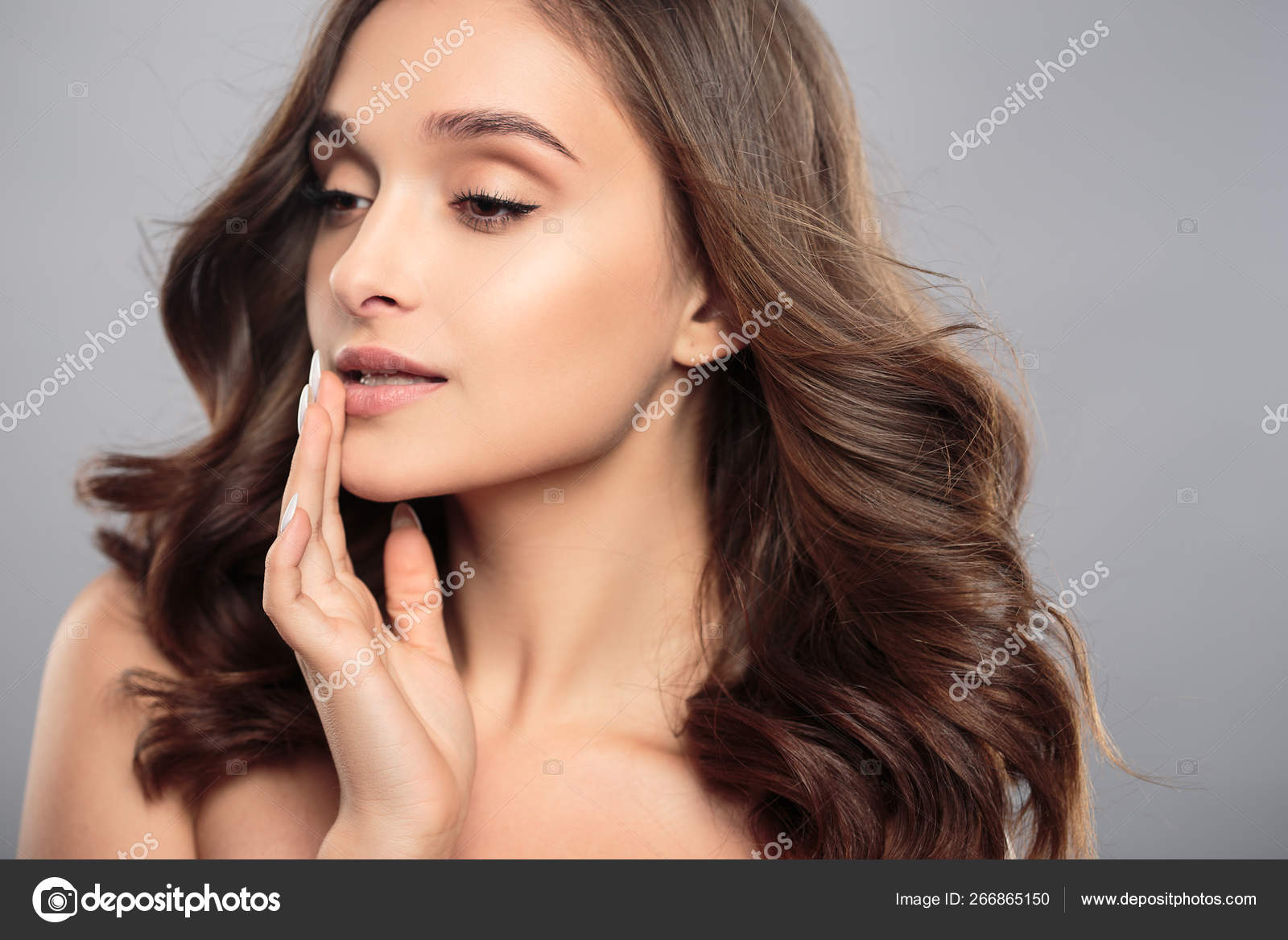Brunette Girl Healthy Curly Hair Natural Make Beautiful Model