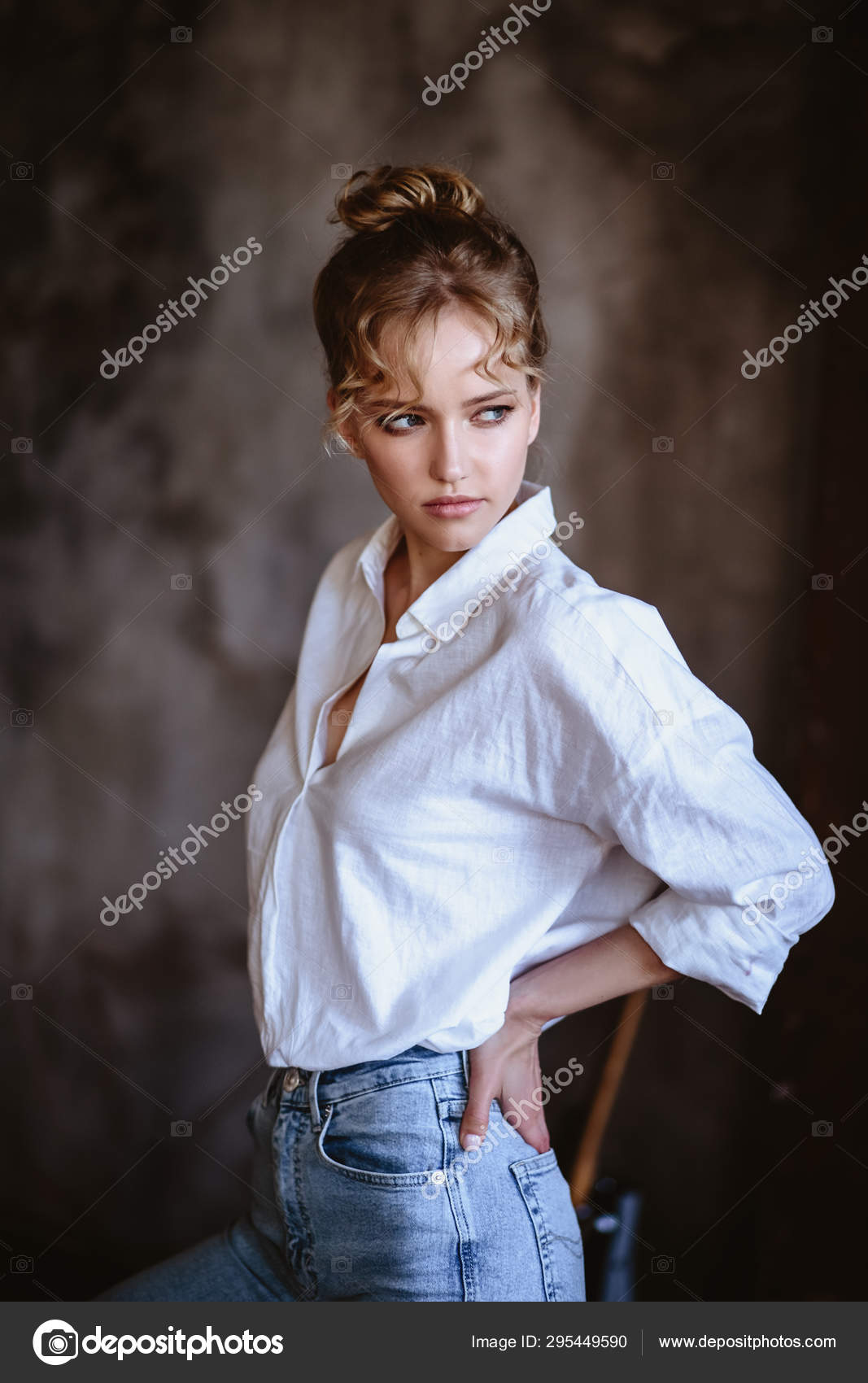 Young Blonde Woman Casual White Shirt Jeans Loft Interior Close Stock Photo By C Cherry Daria Young Blonde Woman Casual White Shirt Jeans Loft Interior Close Stock Photo By C Cherry Daria