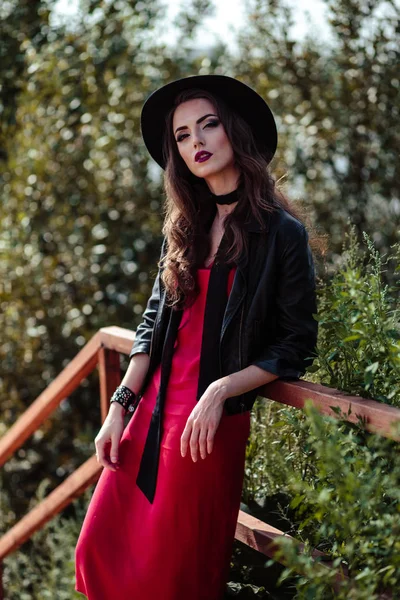 Bright Portrait Brunette Woman Red Dress Black Jacket Posing Nature — Stock Photo, Image
