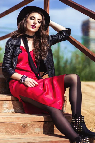 Bright Portrait Brunette Woman Red Dress Black Jacket Posing Nature Stock Photo