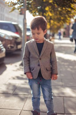 Havalı günlük kıyafetler giyen küçük bir çocuk parkta yürüyor. Sonbahar zamanı, sarı ağaçlar