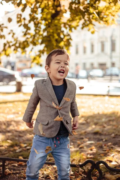 Niño Pequeño Con Ropa Casual Con Estilo Camina Parque Otoño — Foto de Stock