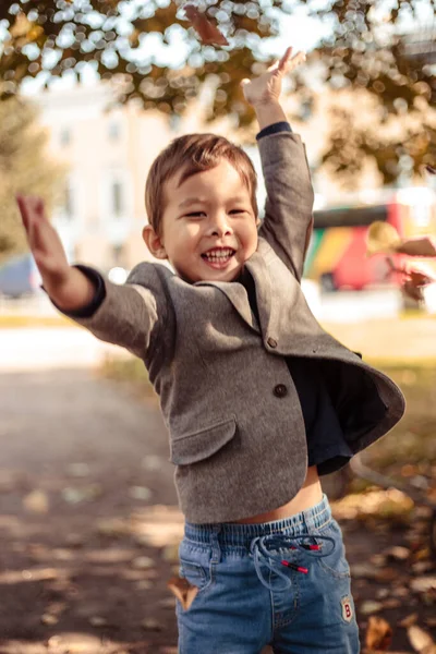 Niño Pequeño Con Ropa Casual Con Estilo Camina Parque Otoño — Foto de Stock