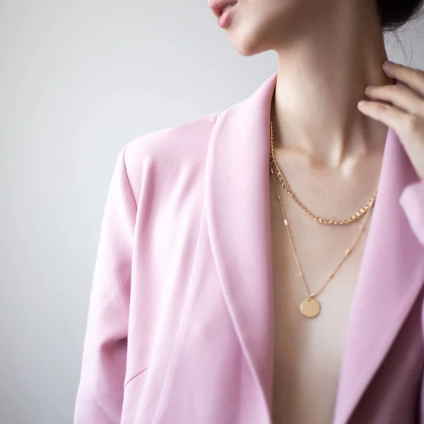 Closeup Photo Young Woman Wearing Pink Jacket Golden Necklace — Stock Photo, Image