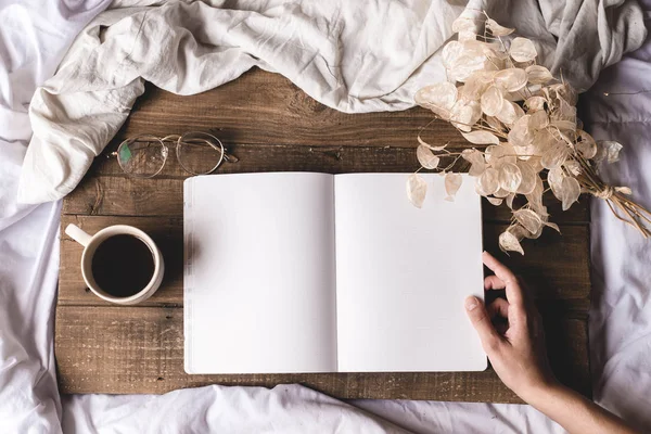 Woman Holding Notebook Table Later Drink Coffee Stock Photo