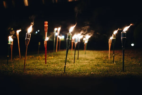 Brûler des torches la nuit dans l'herbe avec des flammes jaunes et des reflets Images De Stock Libres De Droits