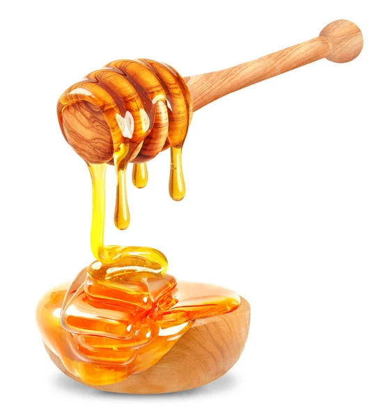 Honey Dripping Wooden Bowl White Background — Stock Photo, Image